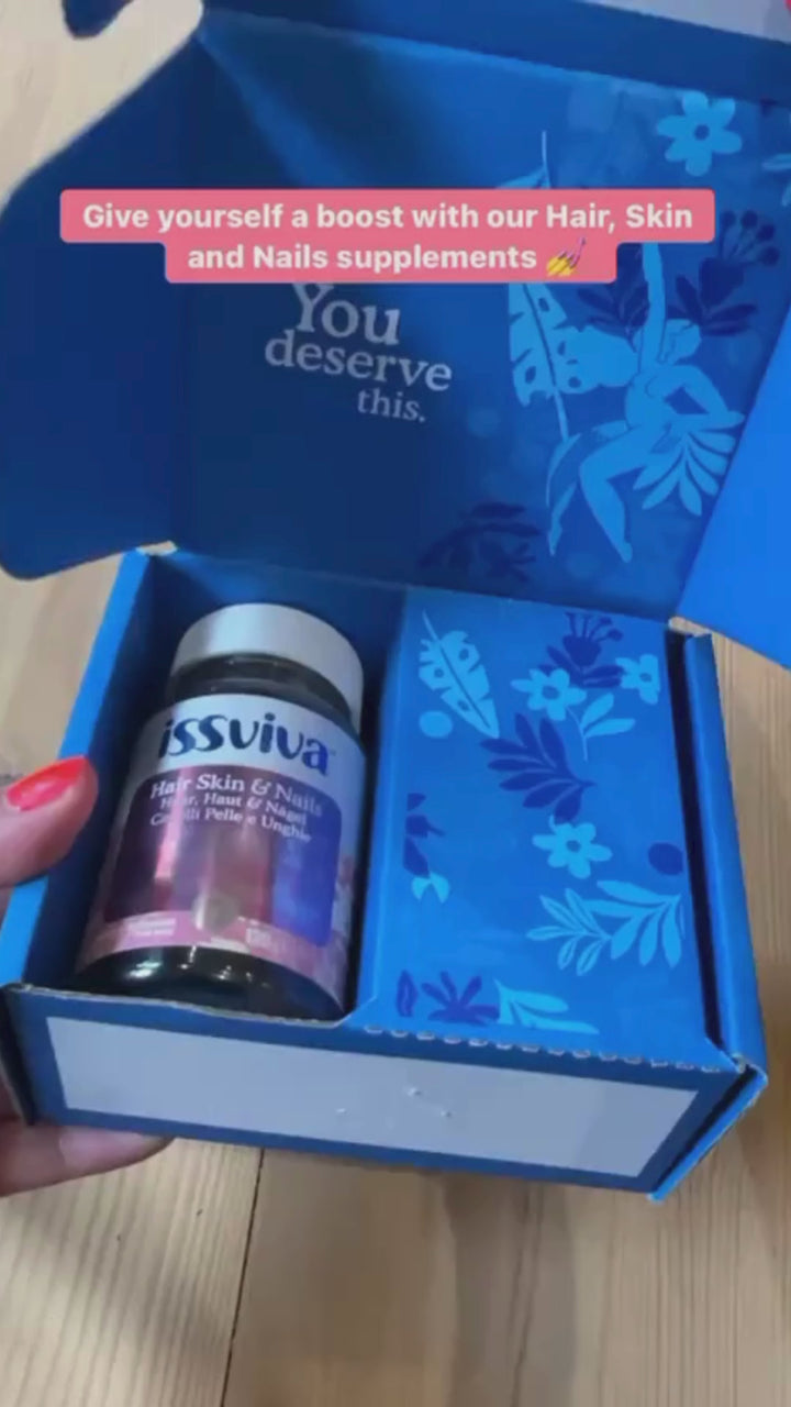 Video showing Issviva Hair Skin & Nails Food Supplement Twin Pack bottles rotating slowly on a clean white background.
