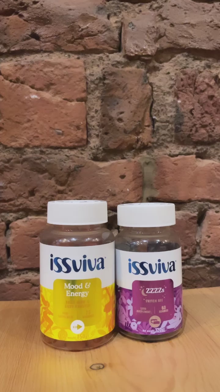 Video showing the Issviva Mood & Energy Food Supplement with vibrant orange labels